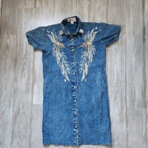 Vintage Pret Blue Denim Dress Stone Wash Gems Sequins Beads Button Down Sz S